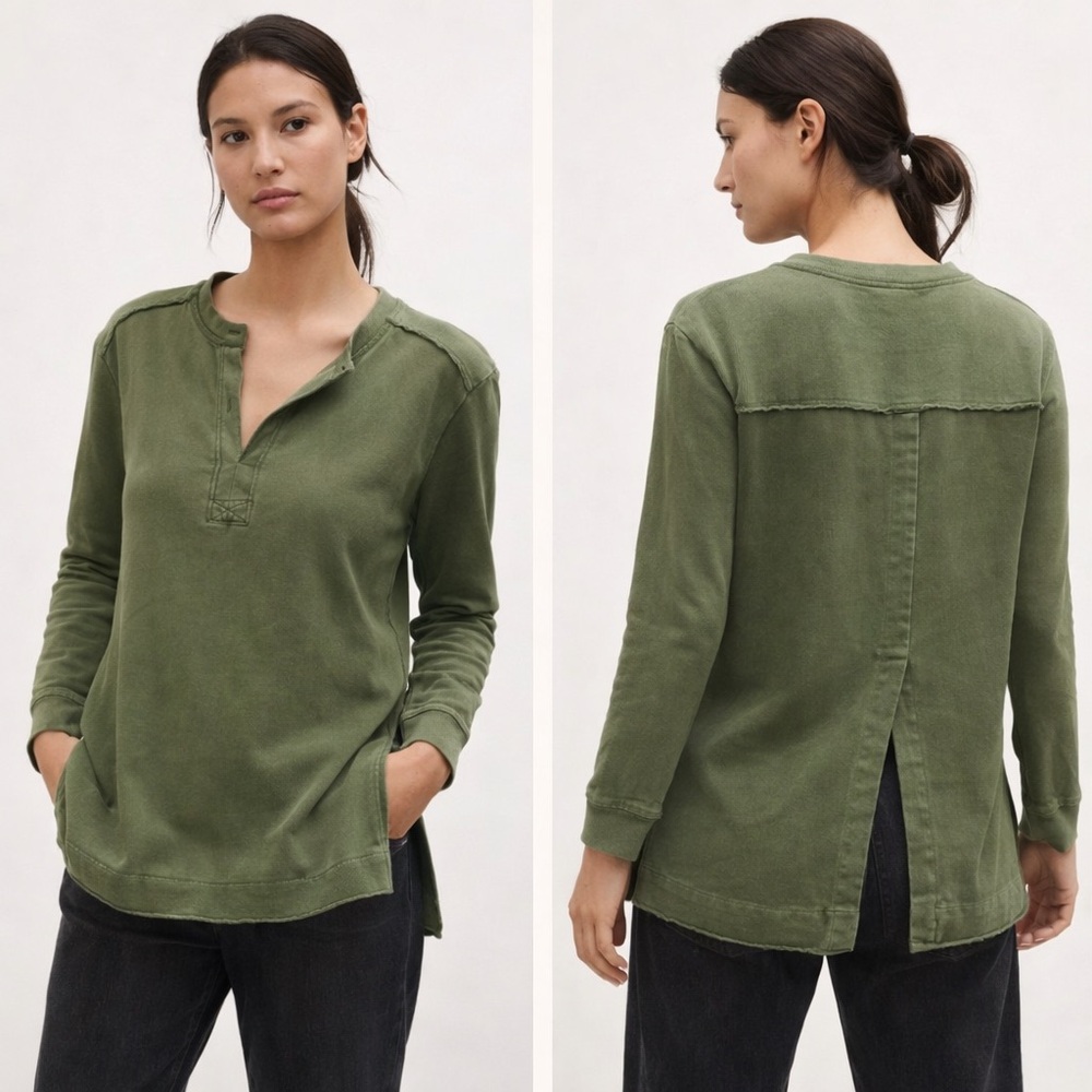 Pilcro L Olive Split Back Henley Cotton Top Coastal Cowgirl Relaxed Boho Casual